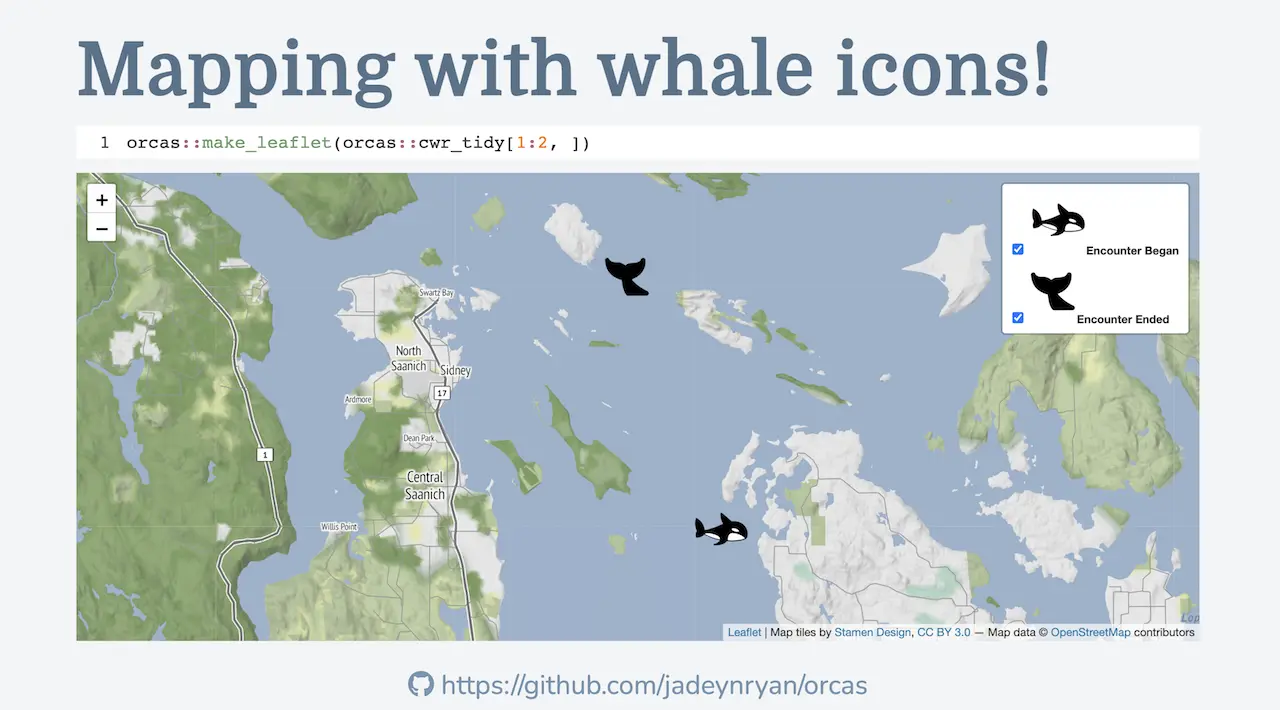 Slide with heading: Mapping with orcas icons and leaflet map.